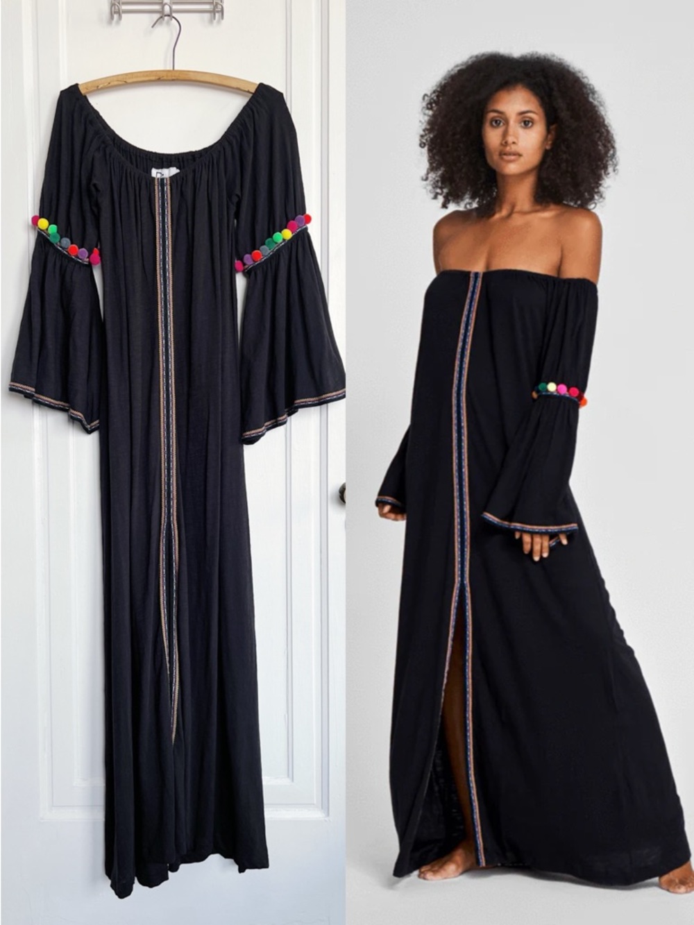 pitusa • Gypsy Dress black maxi kaftan cover up pom pom embroidered off shoulder